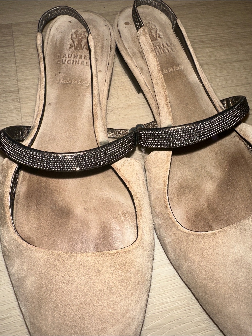 Brunello Cucinelli Taupe Pointed-Toe Slingback Mules with Monili Strap - Picture 2 of 13